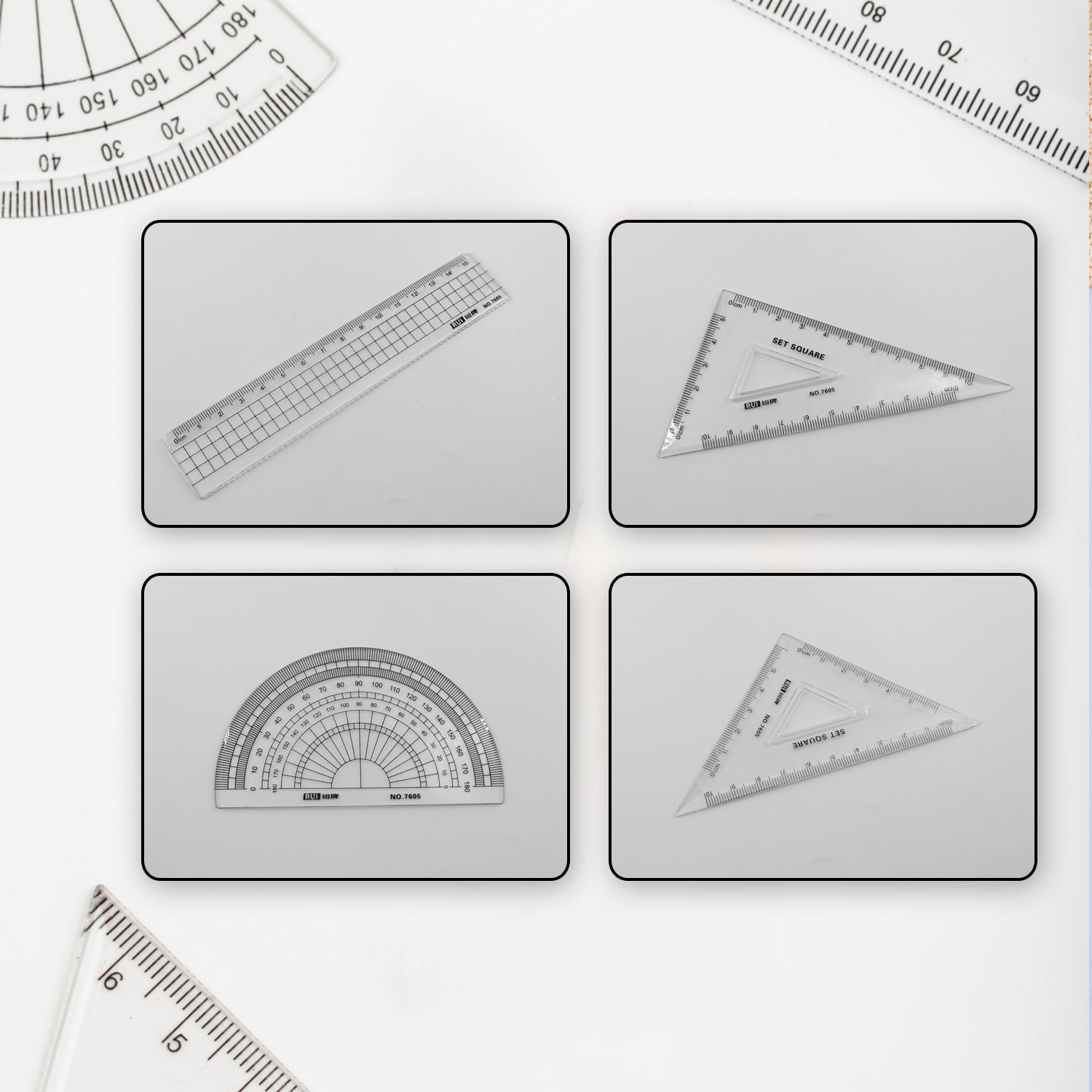 7915 Math Geometry Tool Plastic Clear Ruler Sets, Protractor, Triangle Math Architectural Tools 4 Pieces DeoDap 7915 Math Geometry Tool Plastic Clear Ruler Sets, Protractor, Triangle Math Architectural Tools 4 Pieces DeoDap